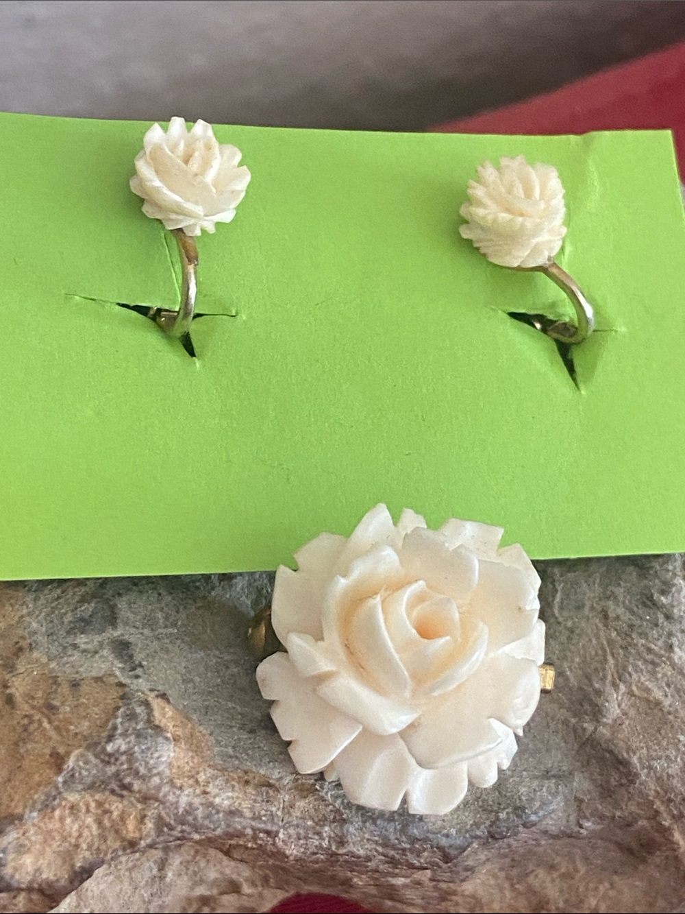 Vintage Carved Celluloid Rose Broach & Clip Earrings Set